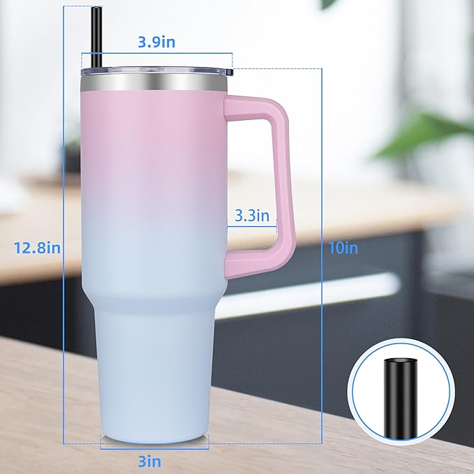 DOMICARE 40 oz Tumbler with Handle and Straw, Stainless Steel Tumbler with Lid and Straw, Reusable Vacuum Insulated Cup, Travel Coffee Mug, Dreamy Pink Blue, 1Pack