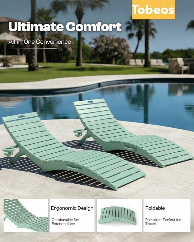 Folding HDPE Pool Lounge Chairs Set of 2, Pre-Assembled Outdoor Chaise Lounge - Image 4