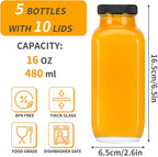 CUCUMI 5pcs 16oz Glass Juice Bottles with Lids, Reusable Juice Containers Drinking Jars Water Cups with Brush, Glass Straws, Lids with Hole
