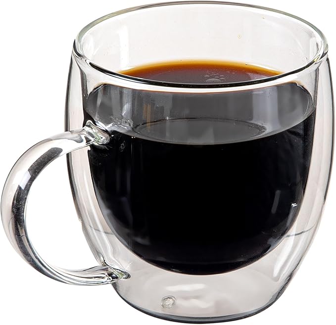 Restaurantware-Forma Professional 8.5 Ounce Glass Coffee Cups, 12 Insulated Coffee Cups With Handle - Dishwashable, Reusable, Clear Double Wall Beverage Tumblers, Freezable, For Hot Or Cold Beverages