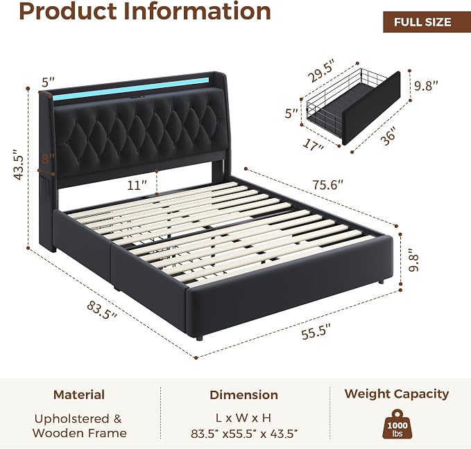 Full LED Velvet Bed Frame with 2 Storage Drawers&Hidden Headboard, Upholstered - Image 2