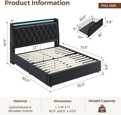 Full LED Velvet Bed Frame with 2 Storage Drawers&Hidden Headboard, Upholstered - Image 2