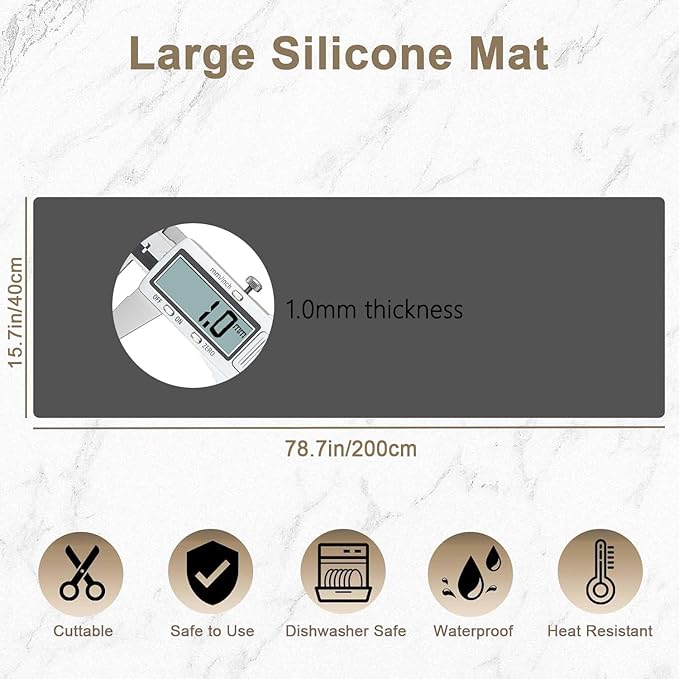 78.7" x 15.7" Large Silicone Mats for Kitchen Counter, Large Heat Resistant Countertop Protector Mat, Non-Slip Waterproof Craft Mat, Dark Gray
