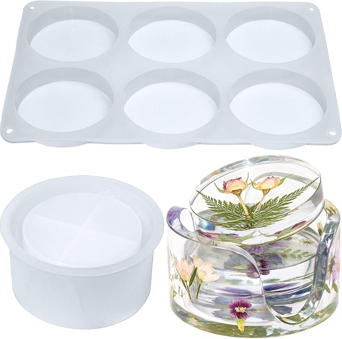 6-Cavity Deep Coaster Molds with 4 Inches Thickened Coaster Holder Silicone Mold for Epoxy Resin, Coaster Resin Molds for DIY Art Craft Cup Mats Flower Bouquet