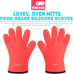 Kitchen Oven Gloves - Dual-Layer Heat Resistant Grilling Gloves, Silicone Oven Mitts with 5 Fingers, Waterproof Non-Slip Pot Holder for Barbecue, Cooking, Baking (Red)