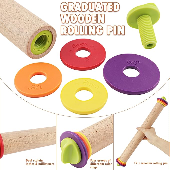 17Inch Wooden Rolling Pin, Rolling Pin with 4 Adjustable Thickness Ring, Graduated Rolling Pin for Baking, Fondant, Pizza, Crust, Cookies, Pastry