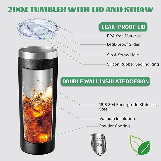 20 oz Skinny Tumbler with Lid and Straw,Stainless Steel Vacuum Insulated Tumbler Double Wall Travel Coffee Mug,Insulated Cup for Coffee, Tea, Beverages,Office (Texture Black,1)