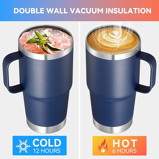 VEGOND 20 oz Tumbler Bulk with Handle Lid and Straw, Stainless Steel Insulated Travel Coffee Mug Set, Spill Proof Double Wall Metal Tumblers Cups, Navy Blue 6 Pack