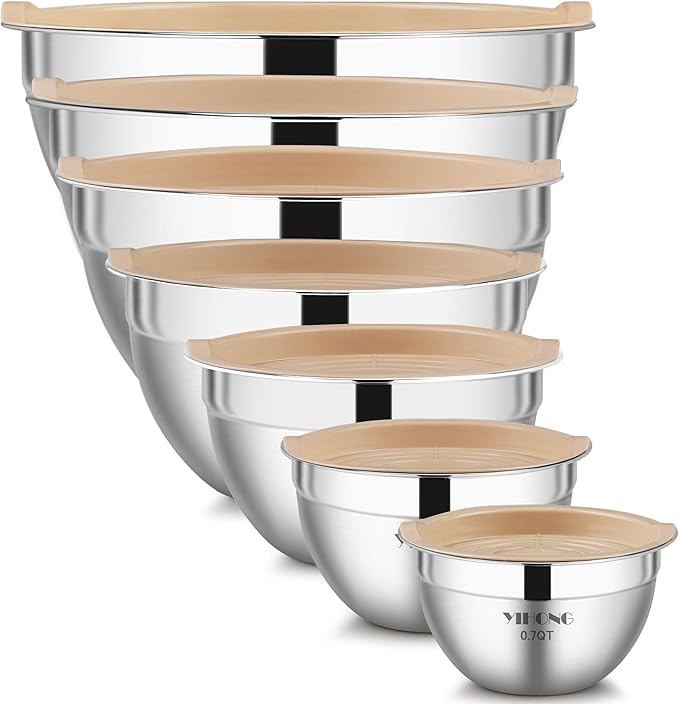 YIHONG 7 Piece Metal Mixing Bowls with Lids for Kitchen, Stainless Steel Set Ideal for Baking, Prepping, Cooking and Serving Food, Nesting Design for Space Saving Storage (Khaki)