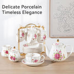 Porcelain Tea Sets British Royal Series, 8 OZ Cups & Saucer Service for 6, with Teapot Sugar Bowl Cream Pitcher Teaspoons and Tea Strainer, Suitable for High Tea, Wedding, Party (Midsummer Rose)