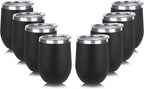 DOMICARE Stainless Steel Wine Tumbler Bulk with Lid, Personalized Insulated Tumblers Set, 12oz Travel Coffee Cups Pack of 8, Black