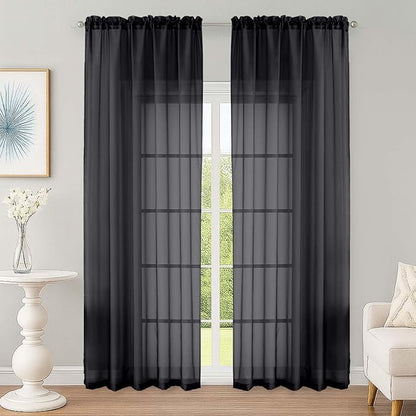 Black Sheer Curtain 90 Inches Long 2 Panels Set, Solid Filmy Drapes by OWENIE