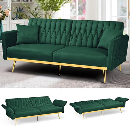 70” Velvet Futon Sofa Bed w/Adjustable Backrests and Armrests, Convertible by ACMEASE