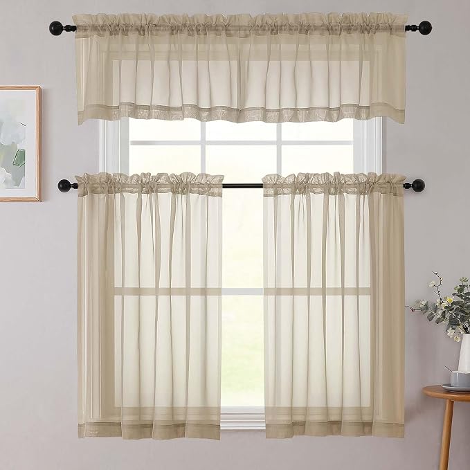 Taupe Kitchen Curtains 30 Inch Length Tier 2 PCS, Solid Soft Airy Half Curtains - Image 8