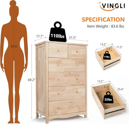 VINGLI Unfinished Natural Solid Wood 6 Drawer Dresser - Image 3