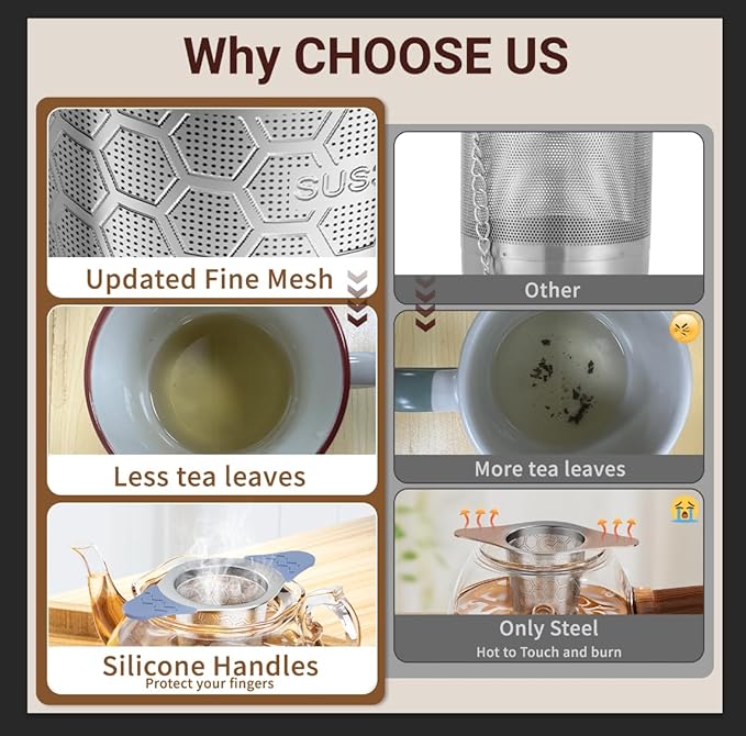 Tea Infuser for Loose Leaf Tea,Stainless Steel Tea Infuser with Heat Proof Silicone Handles,Extra Fine Mesh Tea Strainers Filter Fine Tea Leaves Effectively,Fits TeaPots/Mugs