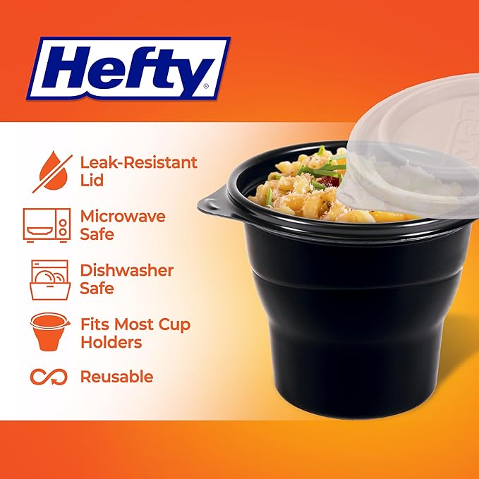 Hefty Multi-Purpose Black Plastic Cups with Lids, Reusable To Go Cups with Lids, Holds Food and Drink, Fits Most Car Cup Holders, Leak-Resistant Lid, Microwave Safe, Dishwasher Safe, 4 Count
