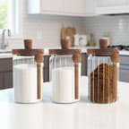 Set of 3 Glass Food Storage Jars with Handles Wood Lid and Spoon, 25 oz Glass Kitchen Canisters for Coffee, Tea, Cereal, Spice and Canning, Mason Jars, Cute Jar