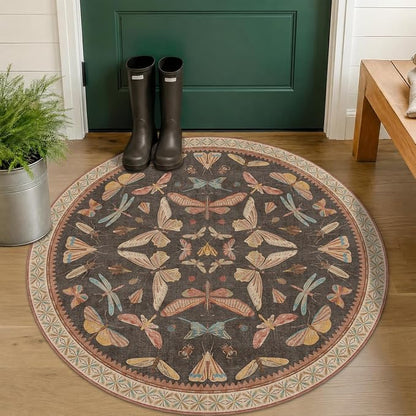 Boho Brown Round Rug 5ft, Soft Washable Throw Carpet by HazoHaus