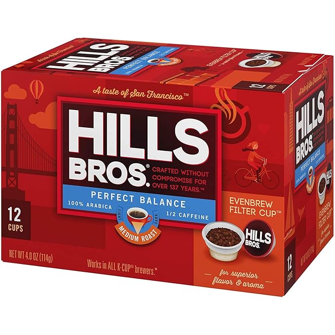 Hills Bros Single Serve Coffee Pods, Perfect Balance, Medium Roast Coffee, 12 Count-Keurig Compatible, Roasted Arabica Coffee Beans, Less Caffeine, Full-Body Flavor