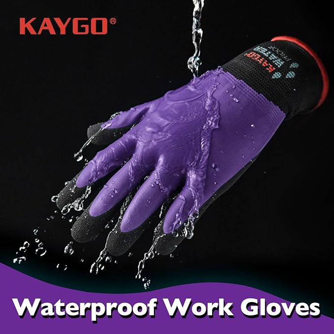 KAYGO Waterproof Work Gloves for Men and Women, Rubber Coated Non-slip Working Gloves for Garden, Outdoor Construction,KG150,Purple,XS