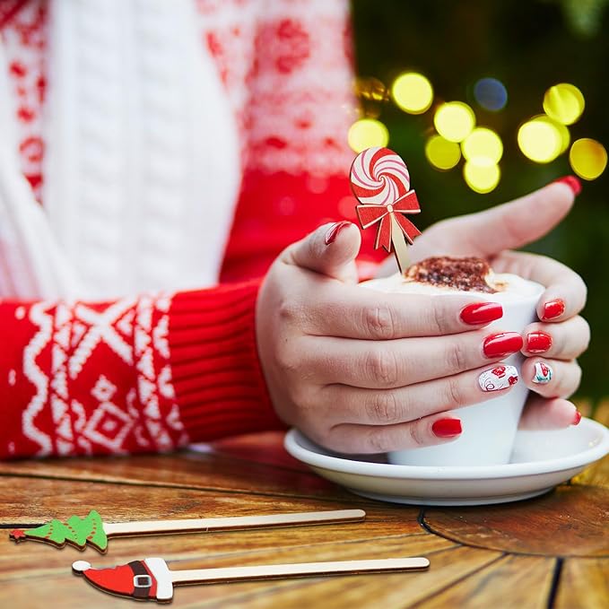 Jinei 120 Pcs Christmas Wooden Coffee Stirrers Wood Cocktail Coffee Stir Sticks Disposable Drink Stirrers for Stirring Hot Chocolate Milkshake Restaurant Home Office(Novel Style)