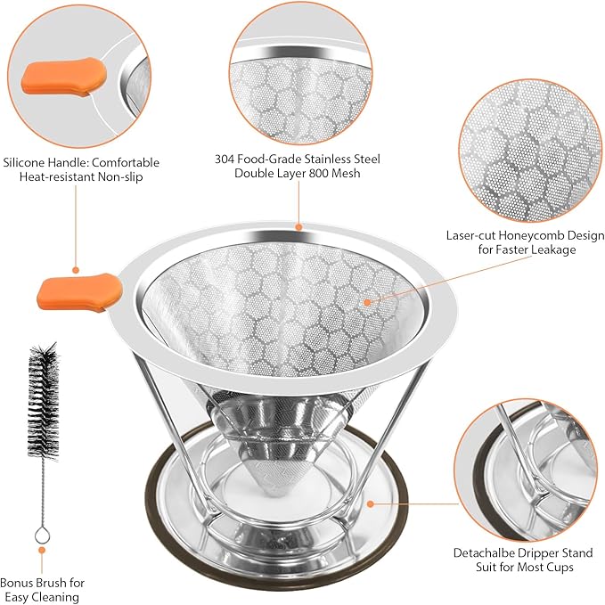 Pour Over Coffee Dripper, Paperless Pour Over Coffee Filter, Reusable Pour Over Coffee Maker Set, Dual-Layer Stainless Steel Cone Filter, Detachable Dripper Stand, Single Cup Brewer 1-2 Cup