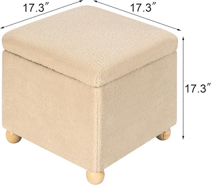 Adeco 17.3" Modern Oatmeal Teddy Velvet Storage Ottoman, Upholstered Cube Foot - Image 2