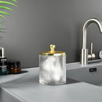 Glass Cotton Jar Holder Matte Gold Lid, Elegant Bathroom Storage Canister for Qtips, Cotton Balls, Floss, Makeup Organizer, Vanity Bathroom Organization
