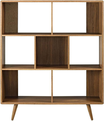 Modway Transmit Mid-Century Offset Cube Wood 7 tier Bookcase in Walnut - Image 4