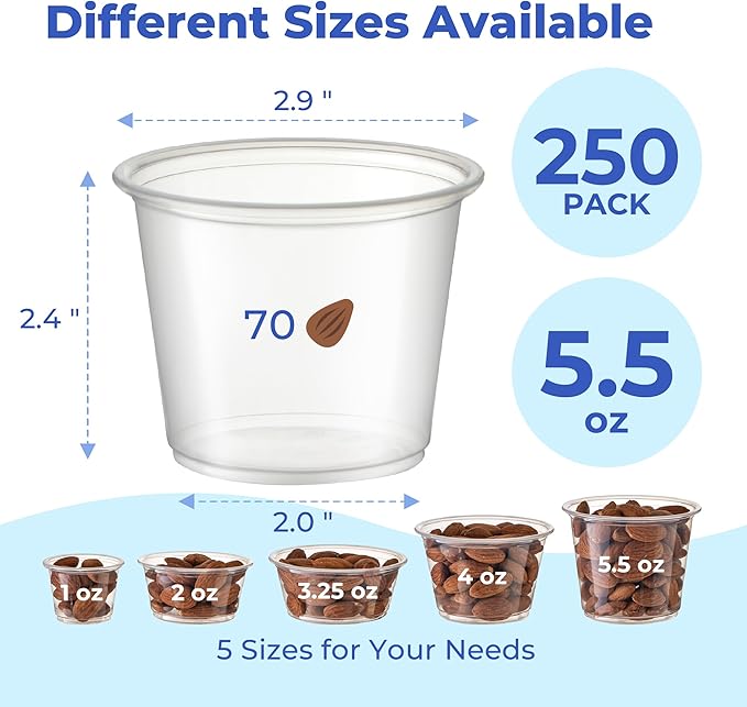 Fit Meal Prep 250 Pack 5.5 oz BPA Free Condiment Cups No Lids, Disposable Jello Shots Containers, Small Dipping Sauce Cups, Plastic Ramekins in Bulk, Stackable Souffle Cups for Sample, Portioning