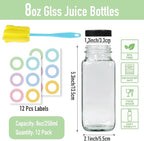 12 pack 8 oz Glass Juice Bottles with Lids, Reusable Glass Water Bottles, 250 ml Juice Containers Drinking Jars with Brush, Drink Jars for Milk, Juicing, Kombucha, Ginger