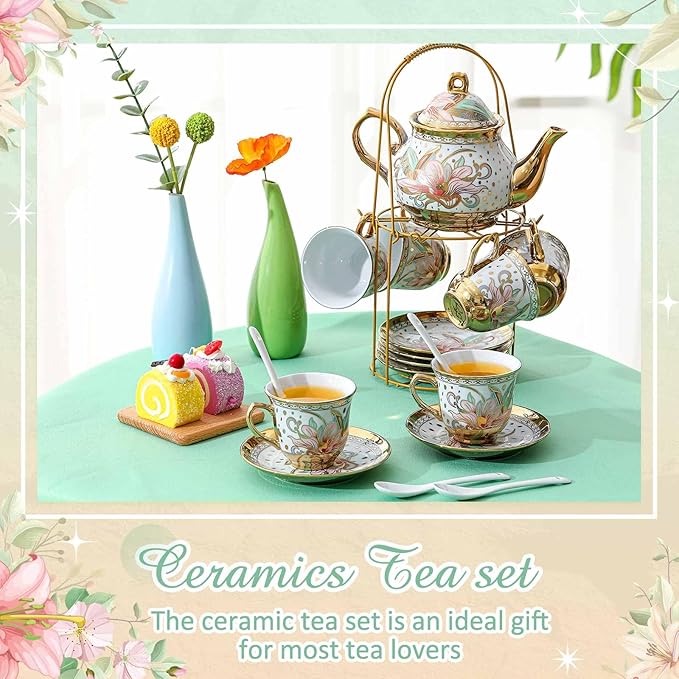 Zhehao 20 Pcs Porcelain Tea Set with Metal Holder and Spoon Adult Ceramic Tea Party Set European Flower Painting Teapot Cup Saucer Spoon Set for Women, Large Version(Traditional Style)