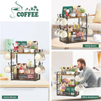 EsLuker.ly Coffee Mug Cup Holder Tree Bar Station Organizer for Countertop, Multi-Functional 2 Tier Mug Stand Rack for Kitchen, Storage Shelf with 12 Hooks, Vintage Brown-Black(Patented Design)