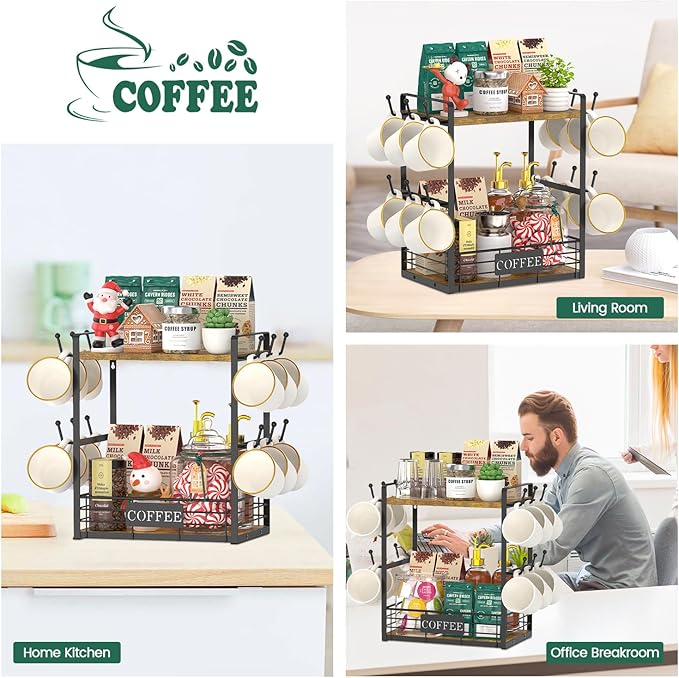 EsLuker.ly Coffee Mug Cup Holder Tree Bar Station Organizer for Countertop, Multi-Functional 2 Tier Mug Stand Rack for Kitchen, Storage Shelf with 12 Hooks, Vintage Brown-Black(Patented Design)