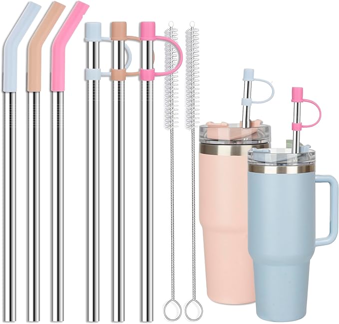 Stainless Steel Straws with covers fit Stanley 30oz tumbler, Reusable 10.5 Inch Metal Straw with Silicone Tips & Cover Caps, Compatible with Stanley Quencher H2.0 (6 Pack: 3 Bent + 3 Straight)
