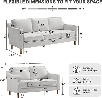 Kingfun Living Room Furniture Sets, 3 Seater Couch and Loveseat, Mid Century - Image 2