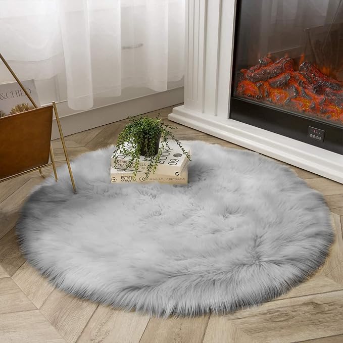 Latepis Gray Fluffy Circle Faux Fur Rug Round Rugs 4ft Sheepskin Rug - Image 7