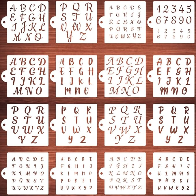 Alphabet Letter Stencils for Cookies Decorating - 16 Pack Letters Numbers Stencil Templates for Cakes Coffee Baking, Reusable Cursive Cookie Stencils for Wood Crafts Painting & Cake Coffee Airbrushing