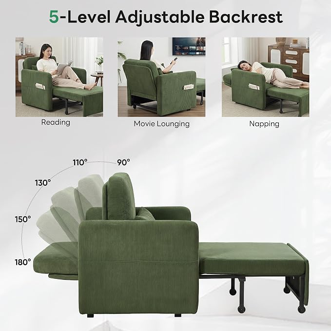 Iroomy 5-Level Adjustable Convertible Sleeper Chair, 3-in-1 Corduroy Pull Out - Image 5