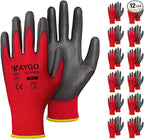 KAYGO Safety Work Gloves PU Coated for Men and Women, 12 Pairs KG11P Seamless Knit Glove with Polyurethane Coated Smooth Grip on Palm and Fingers, Ideal for General Duty Work (L, Red)