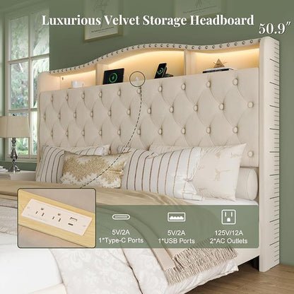 Belffin King Size Bed Frame and Headboard, 50.9" Velvet Upholstered Wingback - Image 3