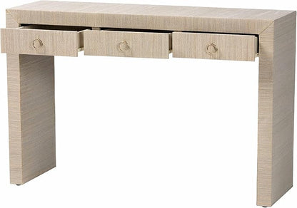 bali & pari Cielo Bohemian Woven Natural Grasscloth 3-Drawer Console Table - Image 4