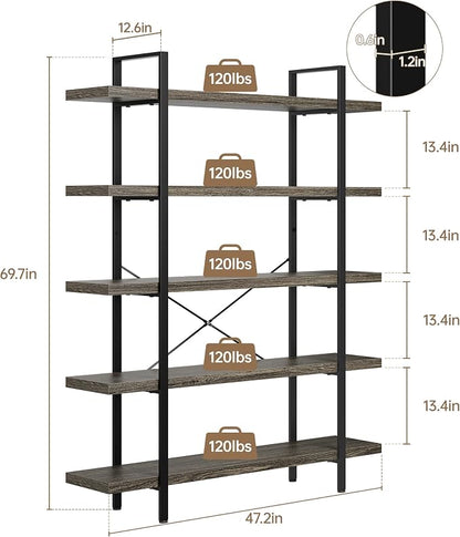 OtterOasis Bookshelf Set, Heavy Duty 5-Tier Industrial Bookcase, 120lbs Shelf - Image 2