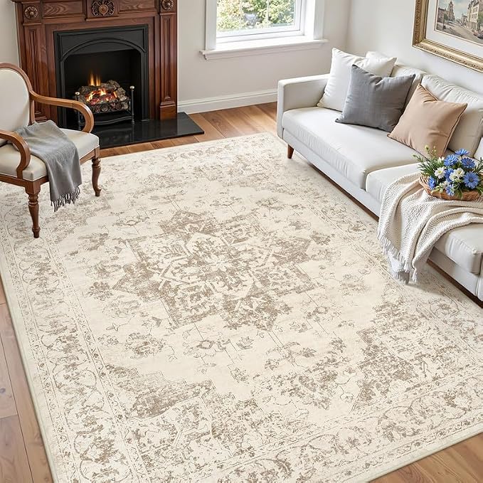 3x5 Area Rugs Living Room: Bedroom Washable Carpet Beige/Ivory | Vintage Boho - Image 3