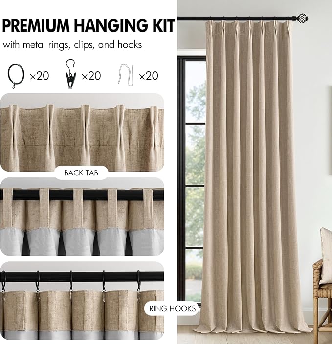 MIULEE Taupe Pinch Pleated 100% Blackout Linen Curtains 40x63 Inches | Room - Image 8