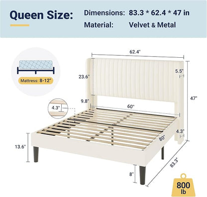 Allewie Queen Size Velvet Bed Frame/Vertical Channel Tufted Wingback - Image 2