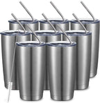 COMOOO 20oz Stainless Steel Tumbler Bulk Double Wall Vacuum Coffee Cup Insulated Travel Mug with Lid and Straw Durable Powder Coated Insulated Coffee Cup for Cold & Hot Drinks (silver, 8 pack