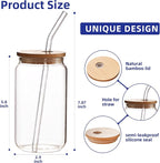 4pcs Set-16oz, Glass Cups with Bamboo Lids and Glass Straw - Beer Can Shaped,CuteTumbler Cup,Soda,deal for Cocktail,Iced Coffee Cups,4 Cleaning Brushes