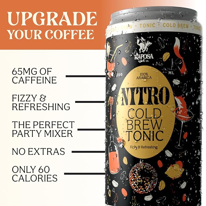 Raposa Nitro with Tonic Ready to Drink Coffee 250ml - 8.45oz - Dairy Free - Vegan Cold Brew Ready to Drink, Non GMO, No Artificial Anything - 65mg Caffeine (Cold Brew Tonic (12 Pack))